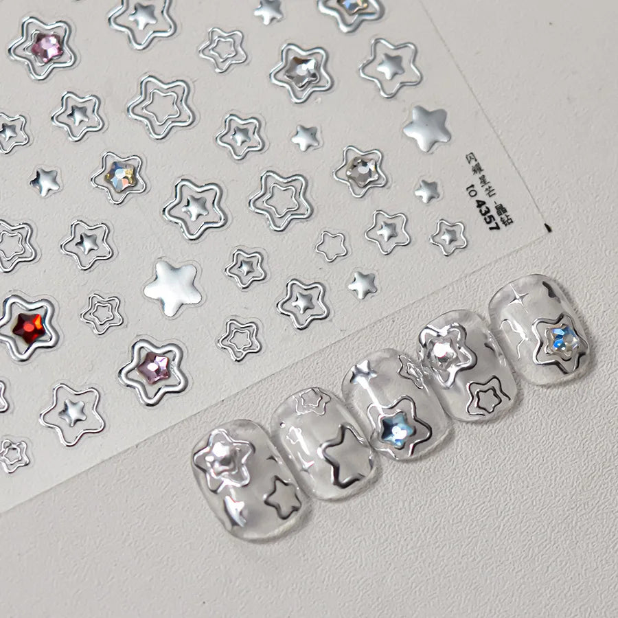 Colored Crystal Star Love Heart Shiny Silver Hollowed Smudging Rainbow Flower Jelly Embossed Nail Art Stickers Manicure Decals (ONLINE ORDER ONLY)