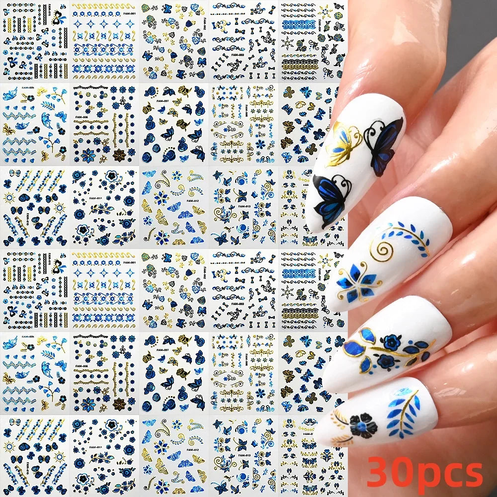 30Pcs/Set Red Golden 3D Nail Art Sticker Hot Stamping Hollow Decals Mixed Designs Adhesive Flower Nail Tips Letter Butterfly Set (Online Order Only)