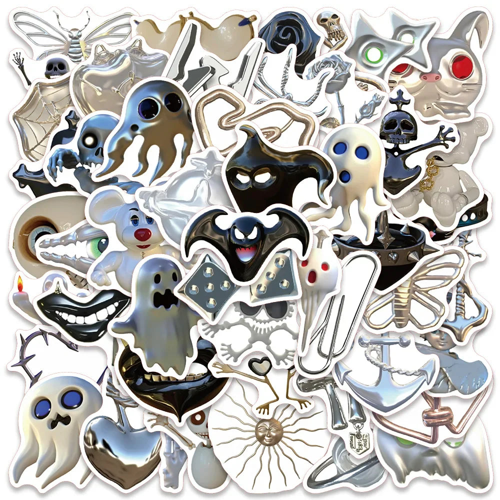 50PCS 3D Horror Ghost Skeleton Silver Cartoon Stickers Waterproof Decals for Bike, Refrigerator, Bottle, Kid Toy (Online Order Only)