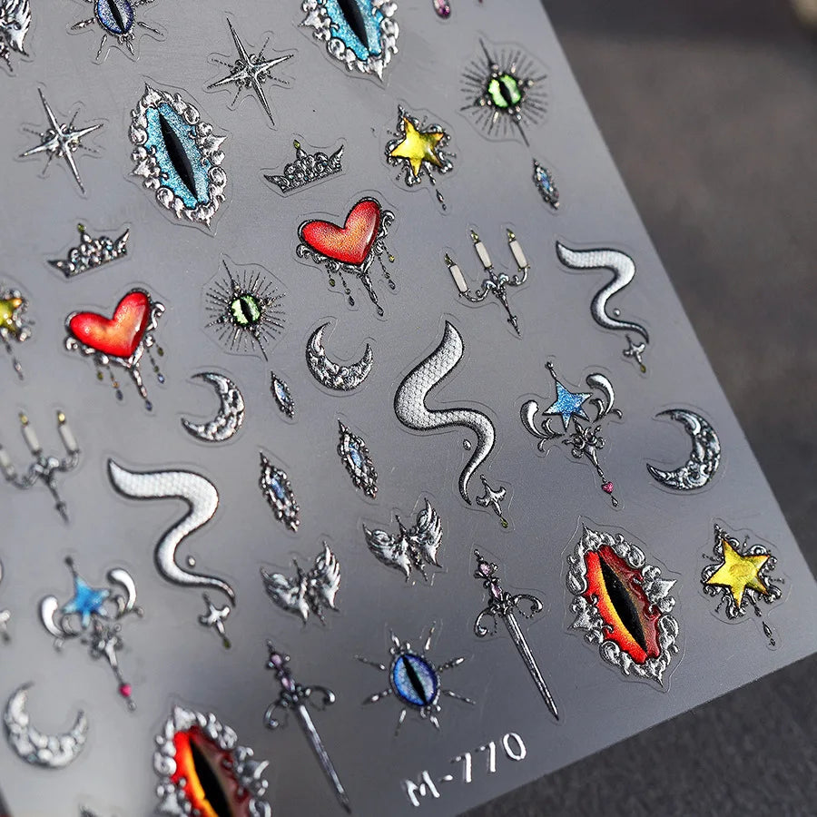 Glitter Star Snake Moon Darkness Eye Love Heart Crown Sword Self Adhesive Nail Art Stickers Punk Jelly Angel Wing Manicure Decal (ONLINE ORDER ONLY)