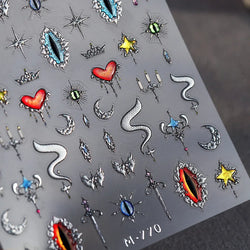 Glitter Star Snake Moon Darkness Eye Love Heart Crown Sword Self Adhesive Nail Art Stickers Punk Jelly Angel Wing Manicure Decal (ONLINE ORDER ONLY)