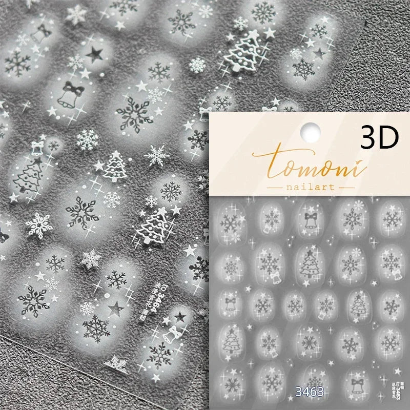 Shiny White Pink Blue Gold Snowflakes Hexagon Water Bubbles Winter 5D Self Adhesive Nail Art Stickers Rhinestone Manicure Decals (ONLINE ORDER ONLY)