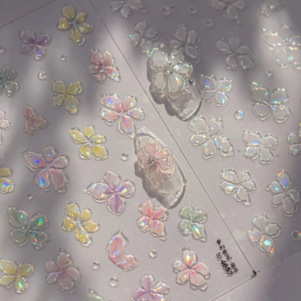 Gradient Coloredful Flower Petal Green Leaf Dreamy Shiny Chinese Rose Fantasy Relief Adhesive Nail Art Stickers Manicure Decals (Online Order Only)