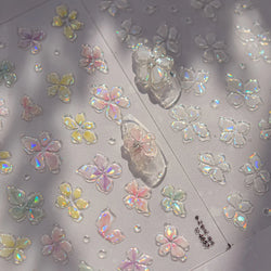 Gradient Coloredful Flower Petal Green Leaf Dreamy Shiny Chinese Rose Fantasy Relief Adhesive Nail Art Stickers Manicure Decals (Online Order Only)