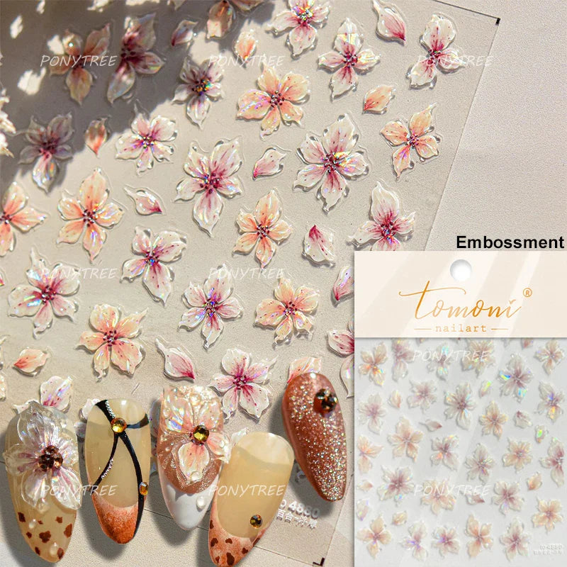 Cute Spring Flowers Purple Blue White Bowknot Rose Garden Daisy 5D Soft Embossed Relief Adhesive Nail Art Sticker Manicure Decal (ONLINE ORDER ONLY)
