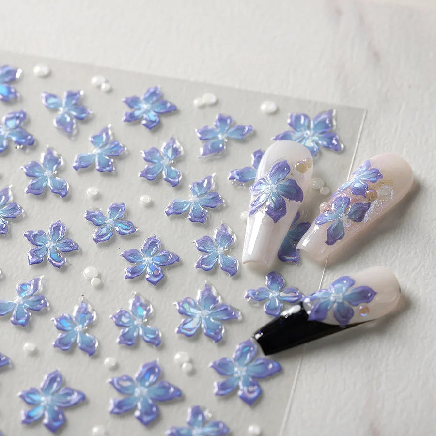 Charming Dreamy Shiny Jelly Blue Gradient Lily Flowers Rose Petal White Dot Chinese Colorful Nail Art Stickers Manicure Decals (ONLINE ORDER ONLY)