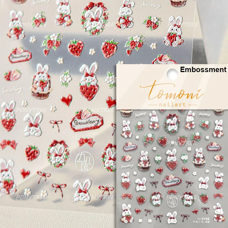 Lovely Red Fruit Strawberry Cherry Bowknot Love Heart Star Silk Ribbon Chic Rhinestone Adhesive Nail Art Stickers Manicure Decal (ONLINE ORDER ONLY)