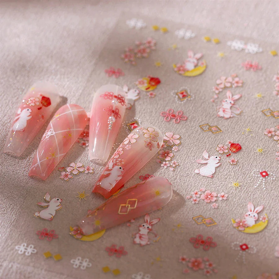 Rabbit Bunny Moon Flower Lantern Peach Blossom Star Bowknot Self Adhesive Nail Art Stickers Rhinestone Delicate Manicure Decals (ONLINE ORDER ONLY)