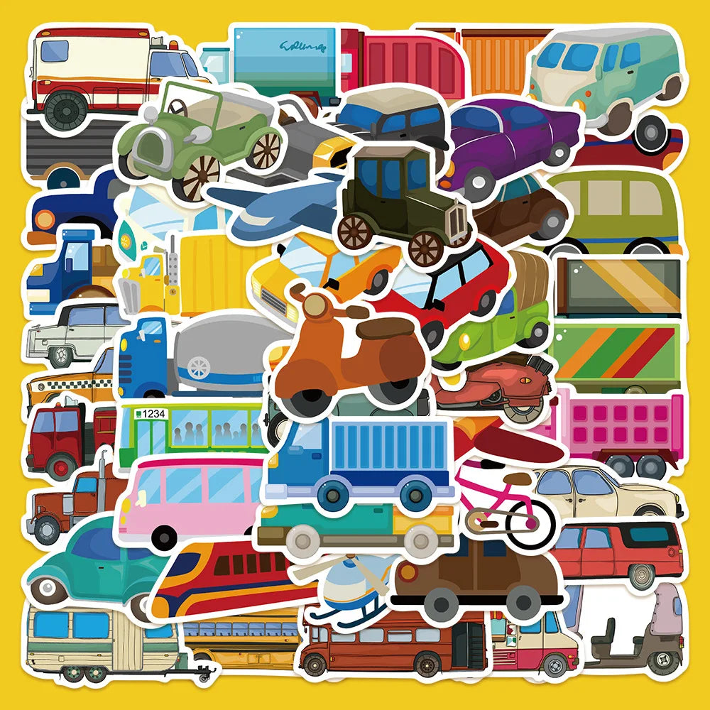 51pcs Cute Cartoon Transportation Stickers for Helmet, Wall, DIY Decoration (Online Order Only)
