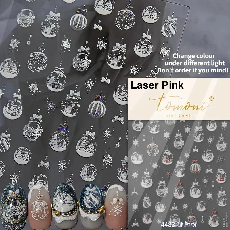 Dressy Embossment Colorful Gradient Snowflakes Laser Silver Christmas Tree Winter Bowknot Santa Nail Art Stickers Manicure Decal (Online Order Only)