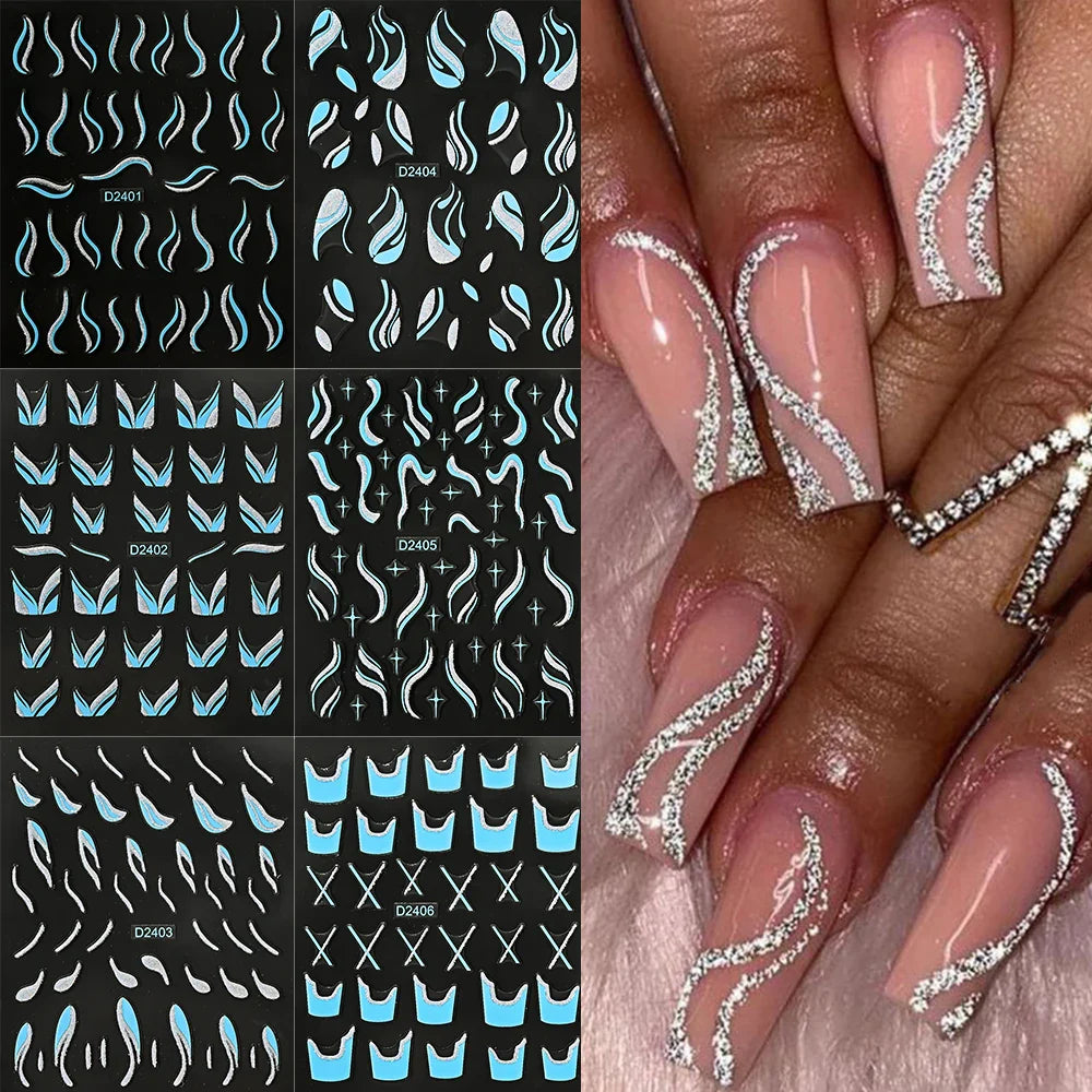 6pcs/Set Blue Gold Glitter French Design 5D Nail Stickers Curve Lines Swirls Wave Nail Sliders Reflective Flakes Decals Manicure (ONLINE ORDER ONLY)