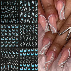6pcs/Set Blue Gold Glitter French Design 5D Nail Stickers Curve Lines Swirls Wave Nail Sliders Reflective Flakes Decals Manicure (ONLINE ORDER ONLY)