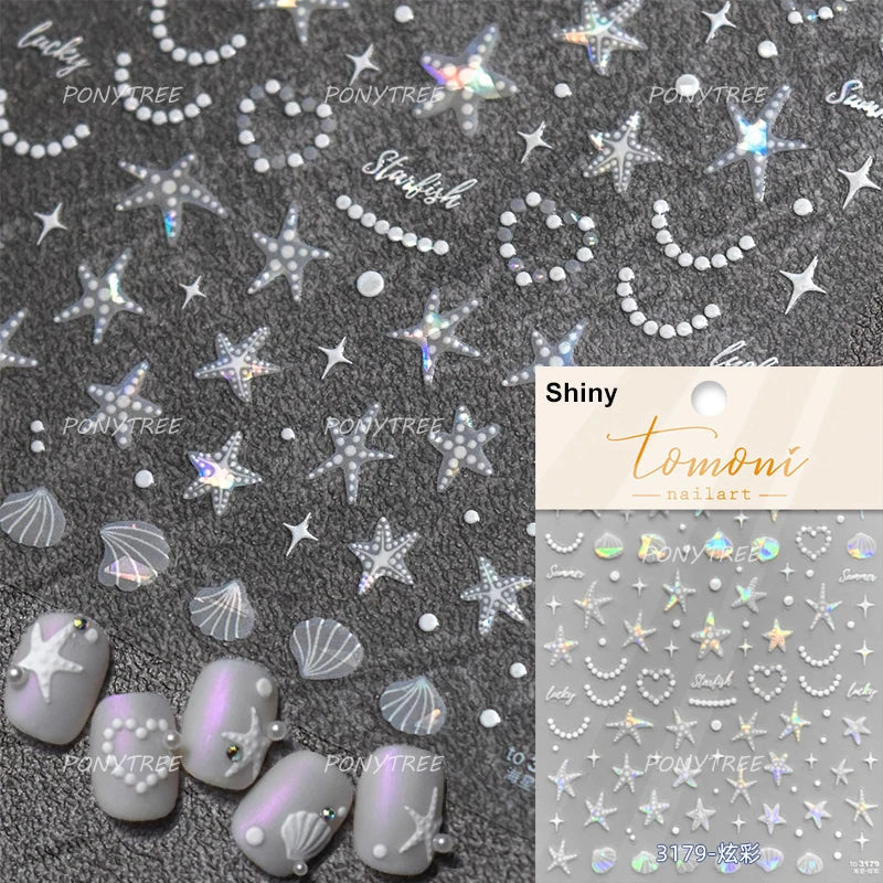 Hot Stamping Seahorse Dolphin Shell Conch Starfish Coconut Tree Jackfruit Water Bubbles Ocean Nail Art Stickers Manicure Decals (ONLINE ORDER ONLY)