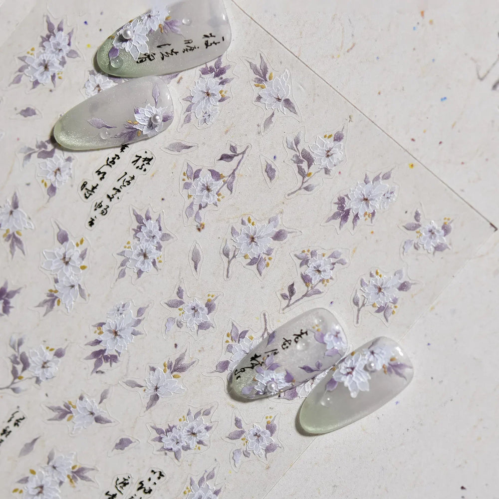 Trumpet Creeper White Flower Purple Leaves Antique Special Characters 5D Soft Relief Adhesive Nail Art Stickers Manicure Decals (ONLINE ORDER ONLY)