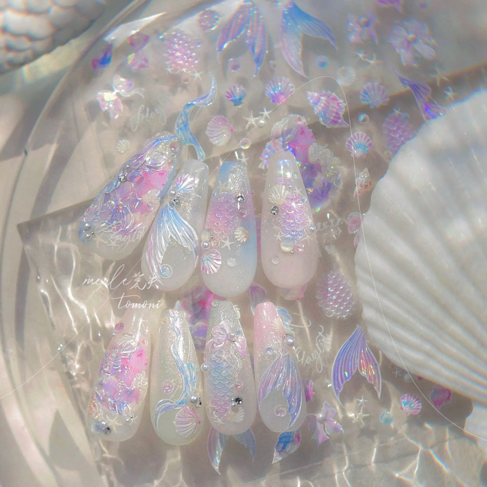 Mermaid Girl Conch Starfish Shell Bowknot Fish Scale Purple Ribbon Water Bubbles Chic Adhesive Nail Art Sticker Manicure Decals (ONLINE ORDER ONLY)