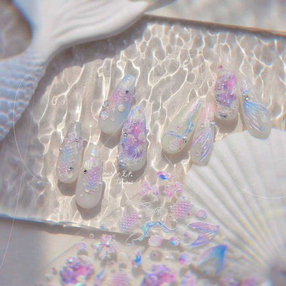 Mermaid Girl Conch Starfish Shell Bowknot Fish Scale Purple Ribbon Water Bubbles Chic Adhesive Nail Art Sticker Manicure Decals (ONLINE ORDER ONLY)
