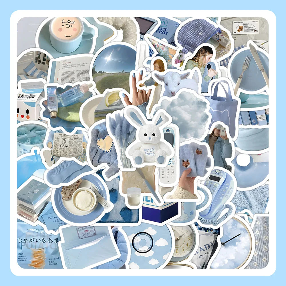 10/30/60PCS Ins Style Simple Blue Stickers Cute Cartoon Decal DIY Notebook Phone Fridge Suitcase Skateboard Car Sticker Kids Toy (Online Order Only)