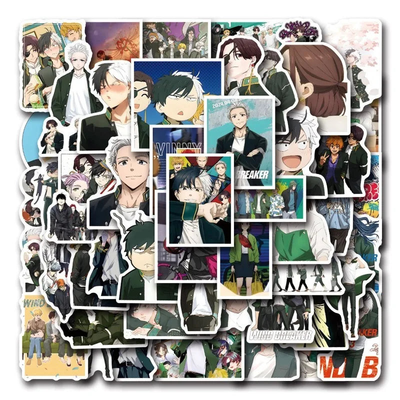 50pcs Anime Wind Breaker Stickers for Laptop, Phone, Car, Scooter, Suitcase, Water Bottle, Refrigerator (Online Order Only)