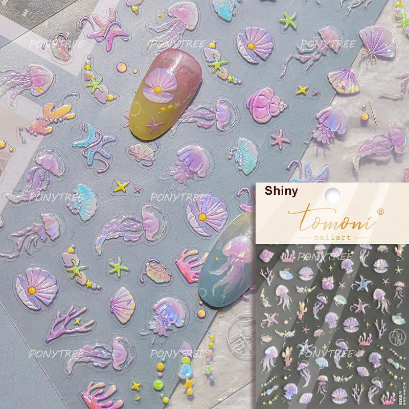 Infauna Jellyfish Conch Shell Starfish Octopus Coral Polypite Wishing Bottle Sea Self Adhesive Nail Art Stickers Manicure Decals (ONLINE ORDER ONLY)