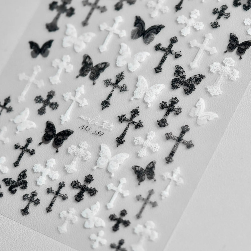 Black White Pearl Lace Butterfly Cross Retro Figure Flower Symmetric Self Adhesive Nail Art Stickers  Manicure Decals Wholesale (ONLINE ORDER ONLY)
