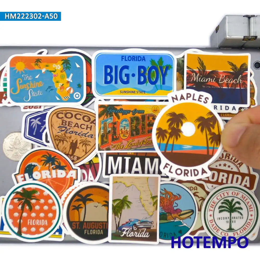 50Pieces Florida Miami Summer Sunshine Beach Surf Travel Stickers for Journal Luggage Guitar Car Bike Phone Laptop Sticker Toys (ONLINE ORDER ONLY)