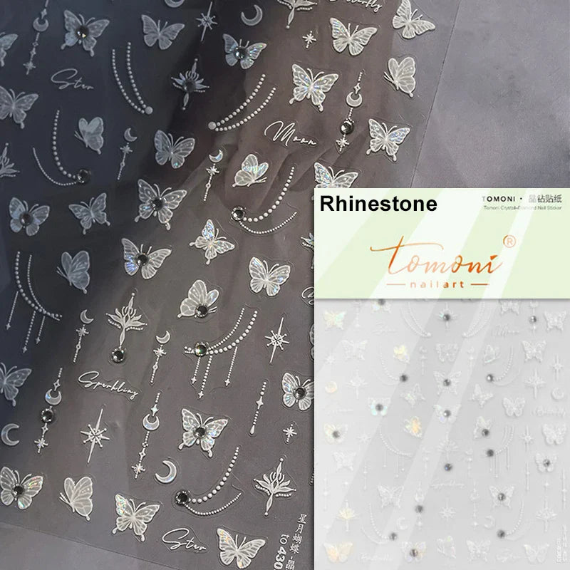 Charming White Shiny Pearl Rhinestone Wings Feathers Crown Moon Stars 3D Self Adhesive Nail Art Sticker Manicure Decal Wholesale (ONLINE ORDER ONLY)