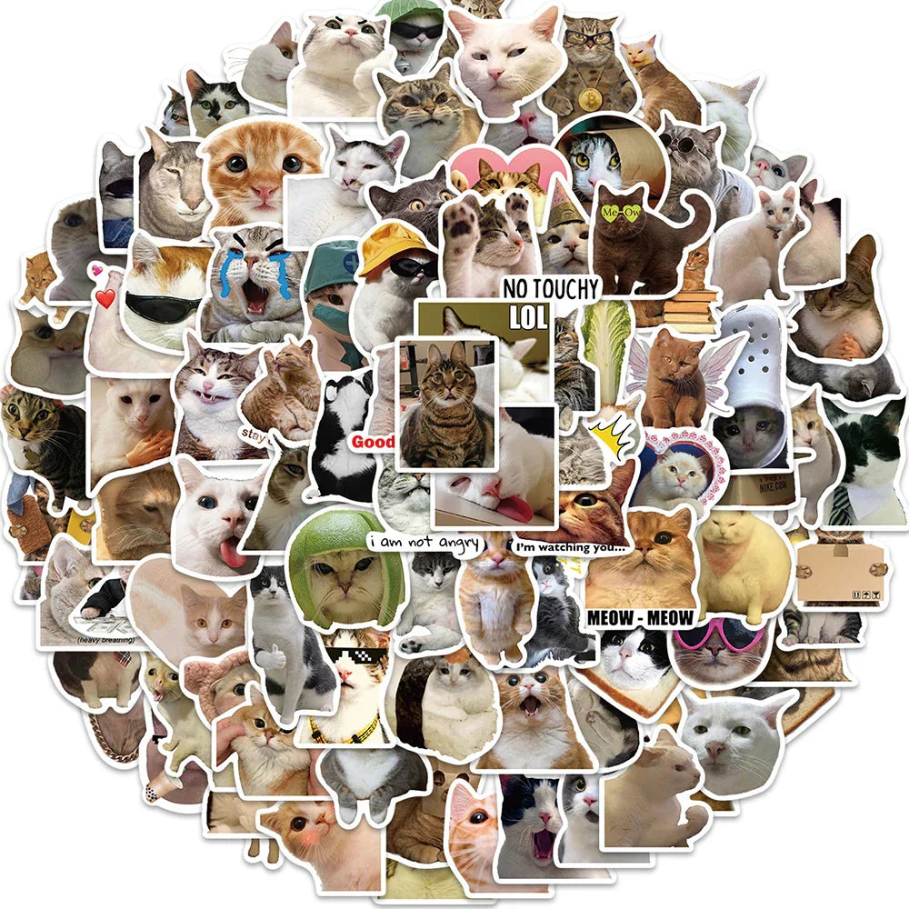 Funny Cat Meme Stickers - 10/30/50/100PCS Cute Animal Decals for Laptop, Phone, Bike, Car, Wall (ONLINE ORDER ONLY)