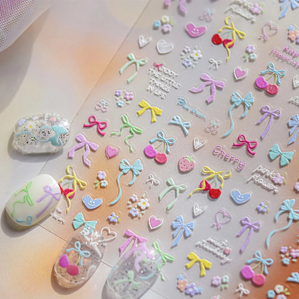 Doodle Pink Blue Ribbon Bowknot Flower Cherry Strawberry Graffiti Love Heart Delicate Embossed Nail Art Sticker Manicure Decals (ONLINE ORDER ONLY)