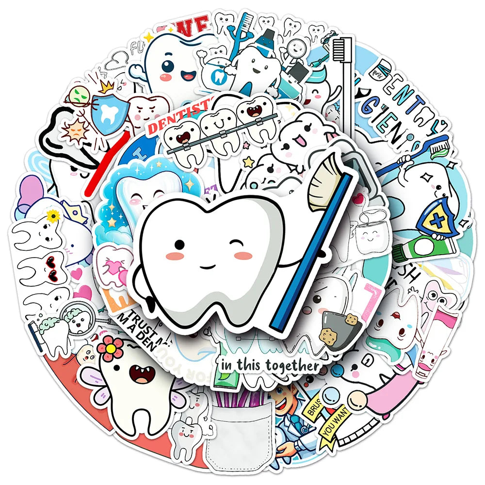 Cartoon Teeth Stickers: 10/30/50pcs for Laptop, Phone, Suitcase, Diary (ONLINE ORDER ONLY)