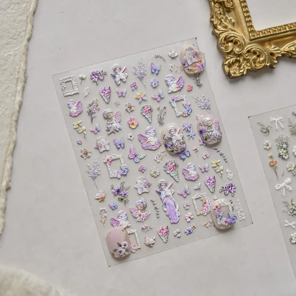 European Garden Angel Wing White Rose Flower Bed Vase Lace Bowknot Statue Adhesive Nail Art Decoration Sticker Manicure Decals (ONLINE ORDER ONLY)