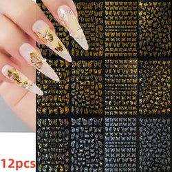 12Pcs 3D Golden Red Glitter Heart Love Nail Sticker Valentine Self Adhesive Cartoon Decal Geometry Lines Stripe Slider Manicure* (ONLINE ORDER ONLY)