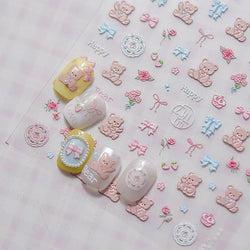Charming Cherry's Cake Cute Bowknot Pink Blue Bear Flower Bouquet Strawberry Adhesive Nail Art Sticker Rhinestone Manicure Decal (Online Order Only)