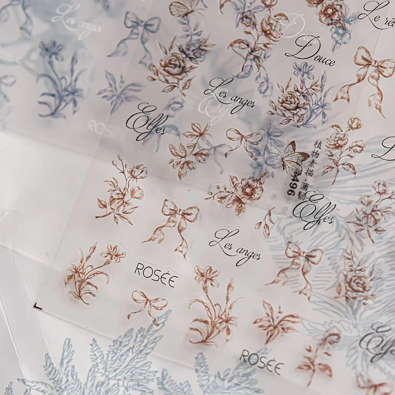 Brown Blue White Hand Drawn Sketch Plants Leaves Bowknot Butterfly Flowers Adhesive Nail Art Decoration Stickers Manicure Decals (Online Order Only)