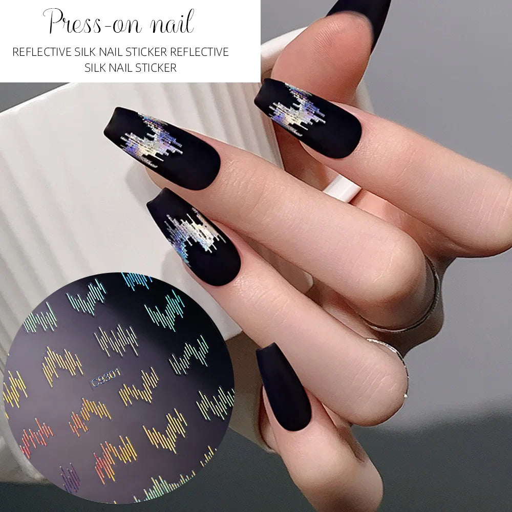 6pcs/Set High Gloss Reflective Glitter 3D Nail Sticker Silver Dark-Shiny Effect Press On Nails Decals Decor DIY Adhesive Sliders (ONLINE ORDER ONLY)