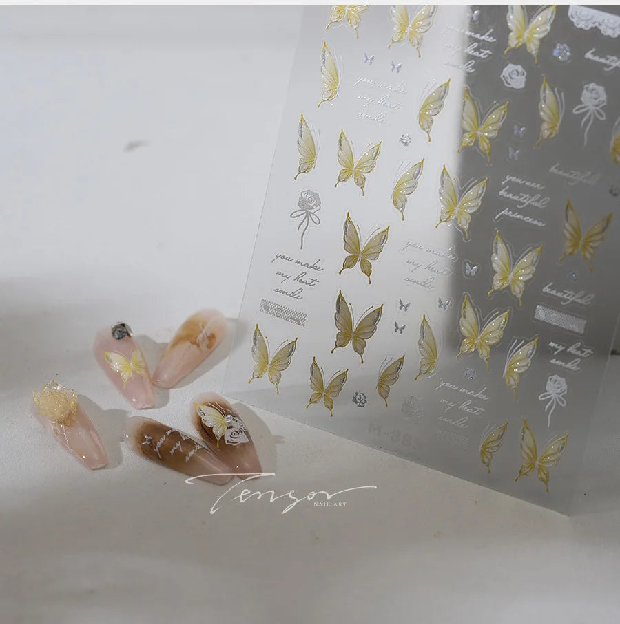 Yellow Butterfly Rose Flower Lace Gradual Wing Charming Romantic Jelly Camellia Self Adhesive Nail Art Stickers Manicure Decals (Online Order Only)