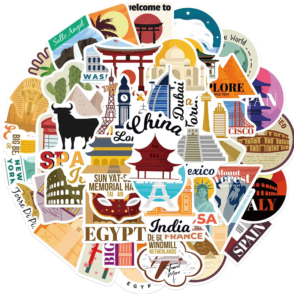 50Pcs World City Landmark Stickers Pack For Scrapbook Stationery Ipad Phone Laptop DIY Cartoon Sticker Journaling Decals (ONLINE ORDER ONLY)