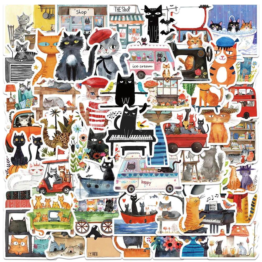 50pcs Funny Cartoon Animals Aesthetic Cats Stickers DIY Waterproof Graffiti For Luggage Water Bottle Luggage Notebook Decals (ONLINE ORDER ONLY)