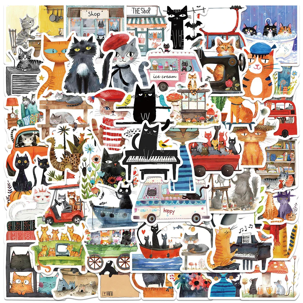 50pcs Funny Cartoon Animals Aesthetic Cats Stickers DIY Waterproof Graffiti For Luggage Water Bottle Luggage Notebook Decals (ONLINE ORDER ONLY)