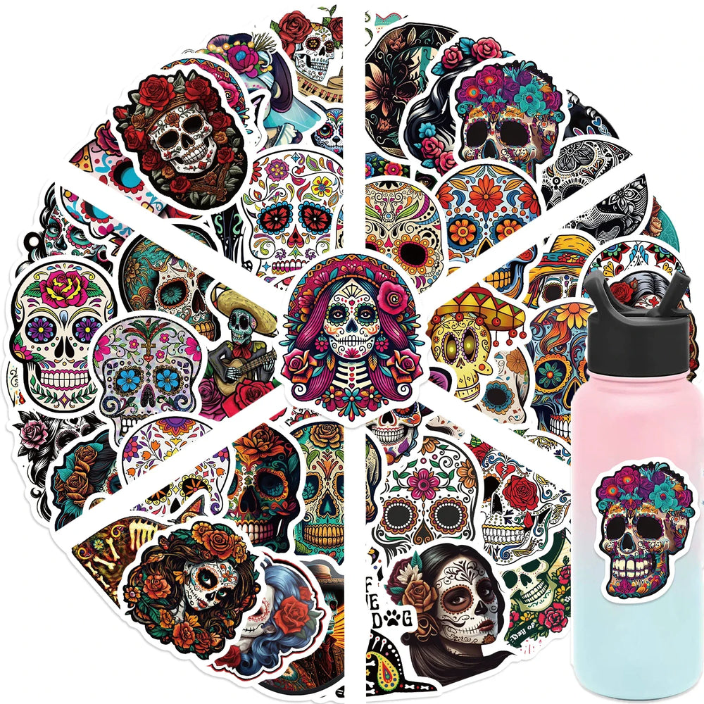 50pcs Mexican Day of the Dead Graffiti Sticker Skateboard Suitcase Guitar Kettle Deco Laptop Waterproof Phone Case Stickers (Online Order Only)