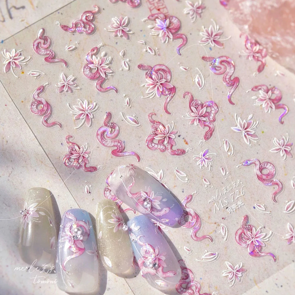 Chic Purple Serpent Flower Winding Snake Elements Shiny Dreamy Animals Self Adhesive Nail Art Sticker Embossment Manicure Decals (ONLINE ORDER ONLY)