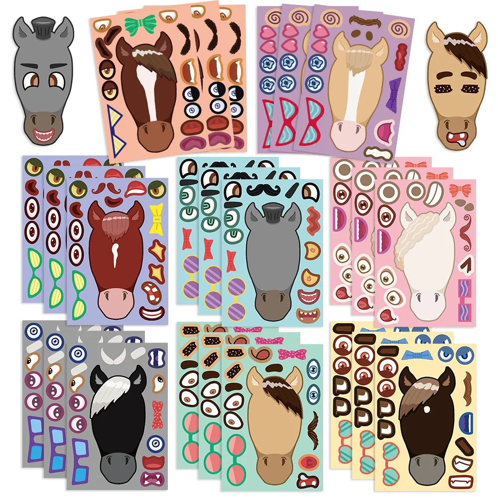 8/16/32pcs Cartoon Pony Head Make A Face Puzzle Stickers Kids Funny Animals Sticker DIY Children Jigsaw Education Toys (ONLINE ORDER ONLY)