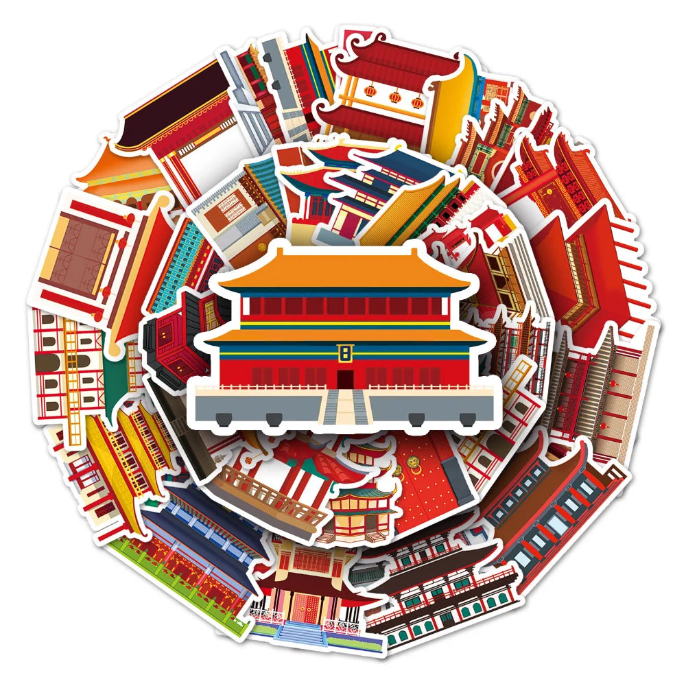 10/50pcs Antique Building House Stickers Personalized Chinese Style Stickers DIY Mobile Phone Case Suitcase Stickers Waterproof (Online Order Only)