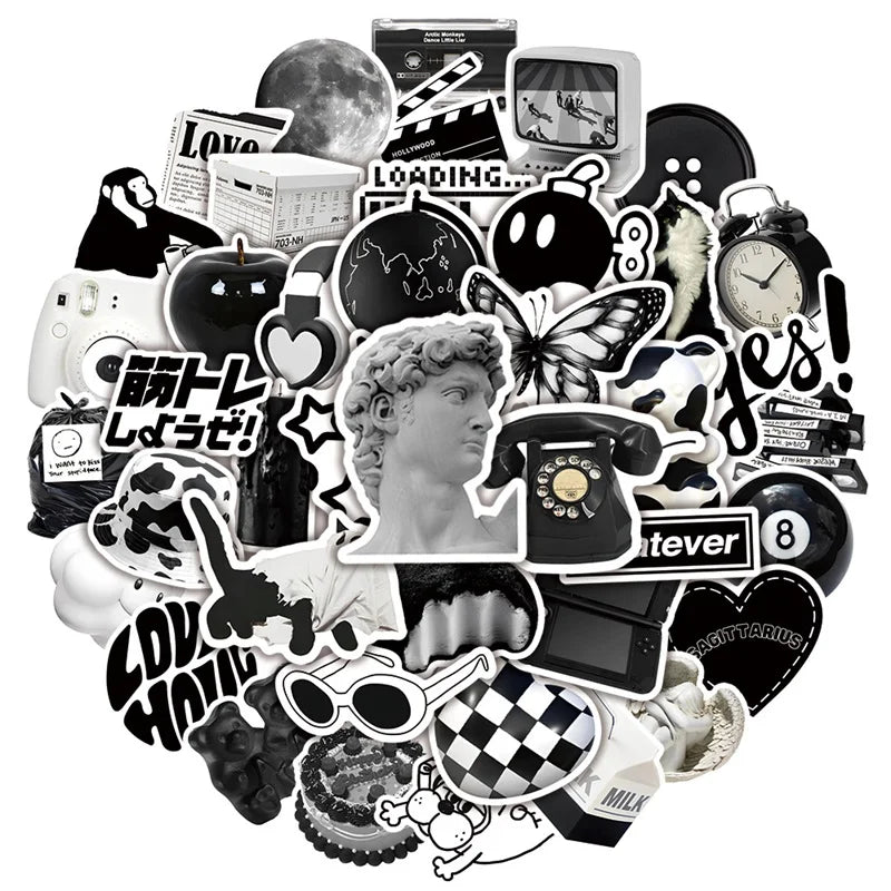 10/30/50PCS INS Black White Sketchbook Sticker Aesthetic PVC Children's Laptop School Stationery Scrapbooking Supplies for Kids (ONLINE ORDER ONLY)