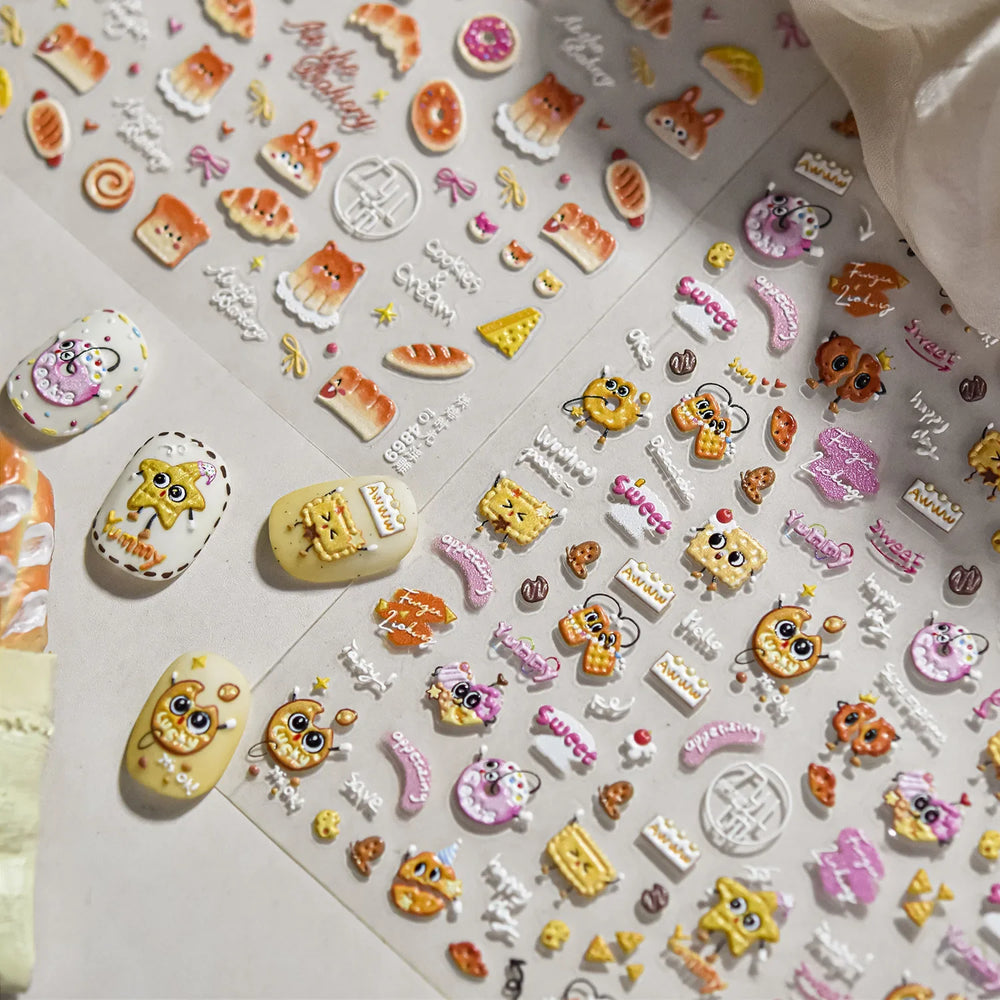 Sweet Cookies Biscuit Snack Delicious Doughnut Savoury Food Bicky Croissant Cheese Pudding Baguette Chic Nail Art Stickers Decal (ONLINE ORDER ONLY)