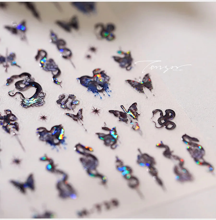 Dark Sword Coiled Snake Cross Butterfly Wing Starburst Starlight Gothic Reptile Animals Nail Art Sticker Festival Manicure Decal (ONLINE ORDER ONLY)