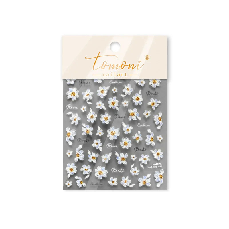Flowers in Bloom Cosmos Chrysanthemum Daisy White Petal Yellow Stamen Self Adhesive Nail Art Decorations Sticker Manicure Decals (ONLINE ORDER ONLY)