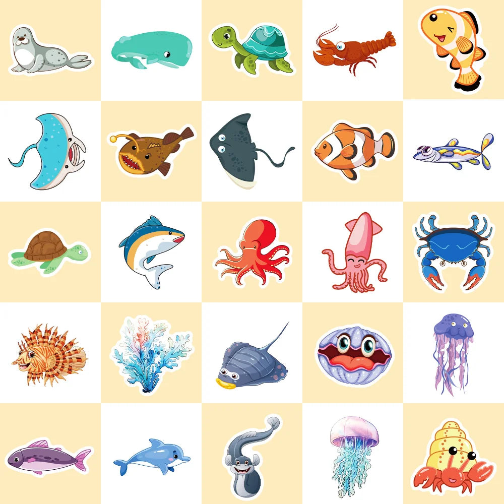 10/50Pcs Cartoon Marine Life Fish And Shrimp Sticker For Kids Toys Luggage Laptop Ipad Skateboard Stickers Wholesale (ONLINE ORDER ONLY)
