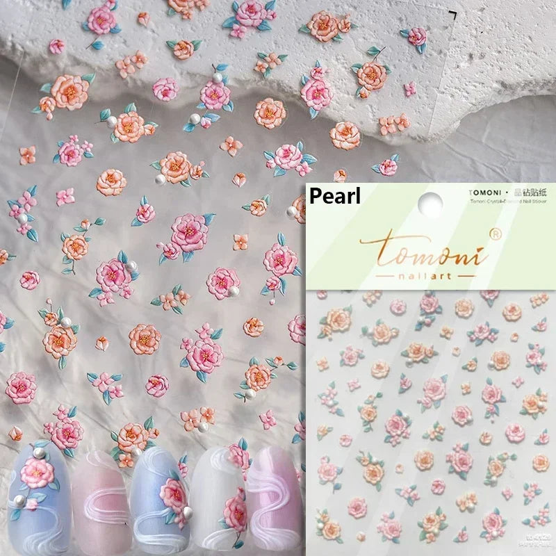 Pale Flower Bouquet Label Bowknot Stationery Sunflower Daisy Leaf 3D Self Adhesive Nail Art Stickers Rhinestone Manicure Decals (Online Order Only)