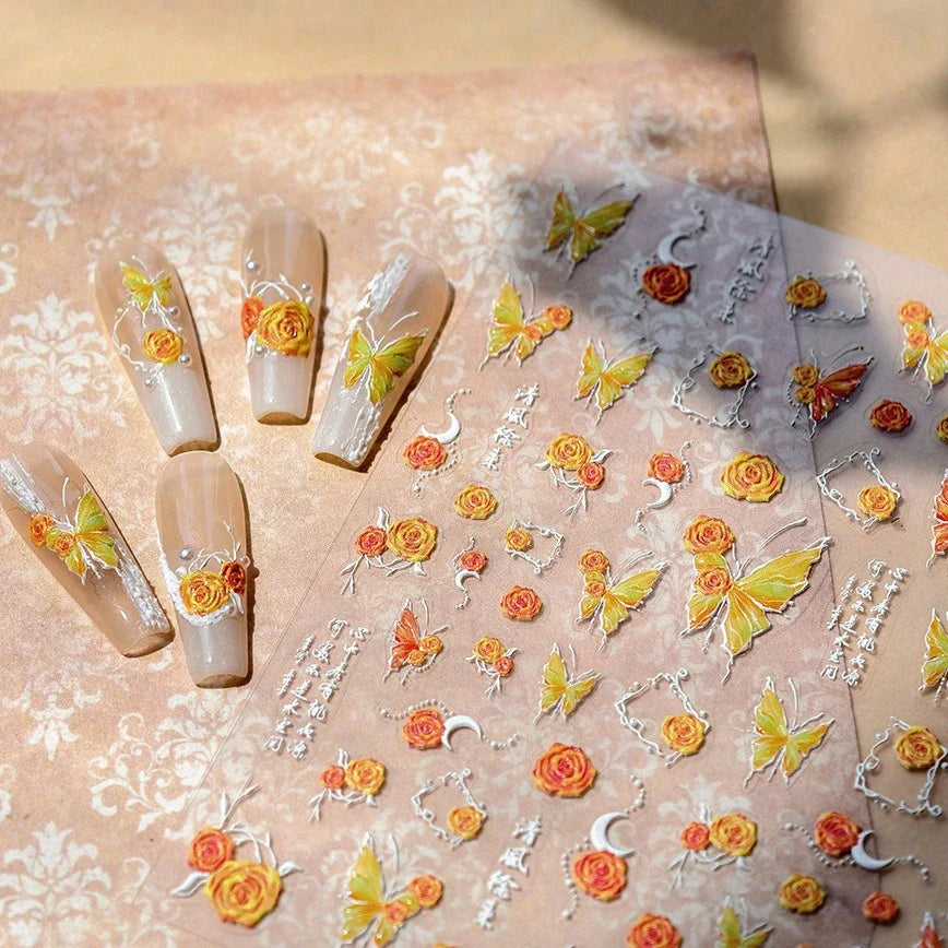Gradual Asymmetric Butterfly Rose Flower Moon Ancient Poem 5D Reliefs Self Adhesive Nail Stickers JellyManicure Decals Wholesale (Online Order Only)