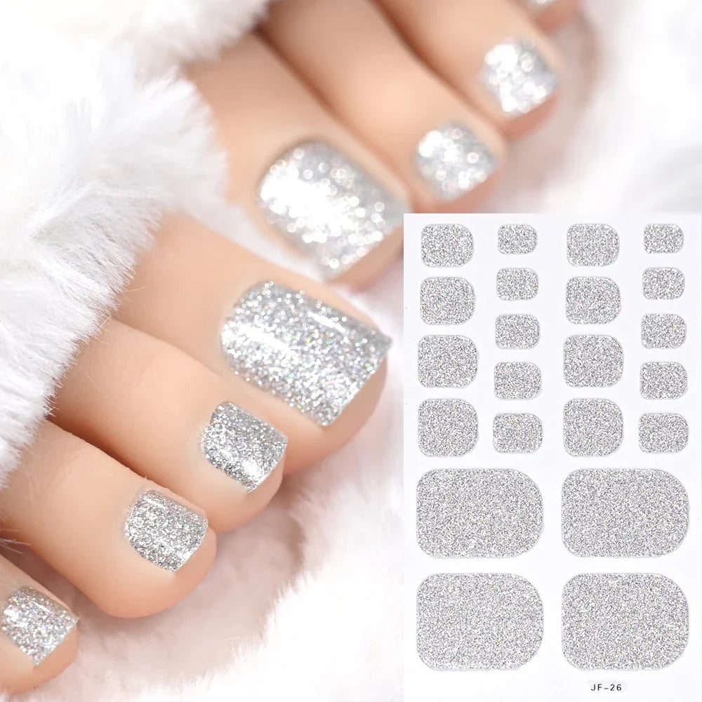 22Tips Pink Red Glitter Design Baking-free Toenail Stickers Solid Color Adhesive Full Cover Toe Nail Strip Slider Manicure Decal (ONLINE ORDER ONLY)